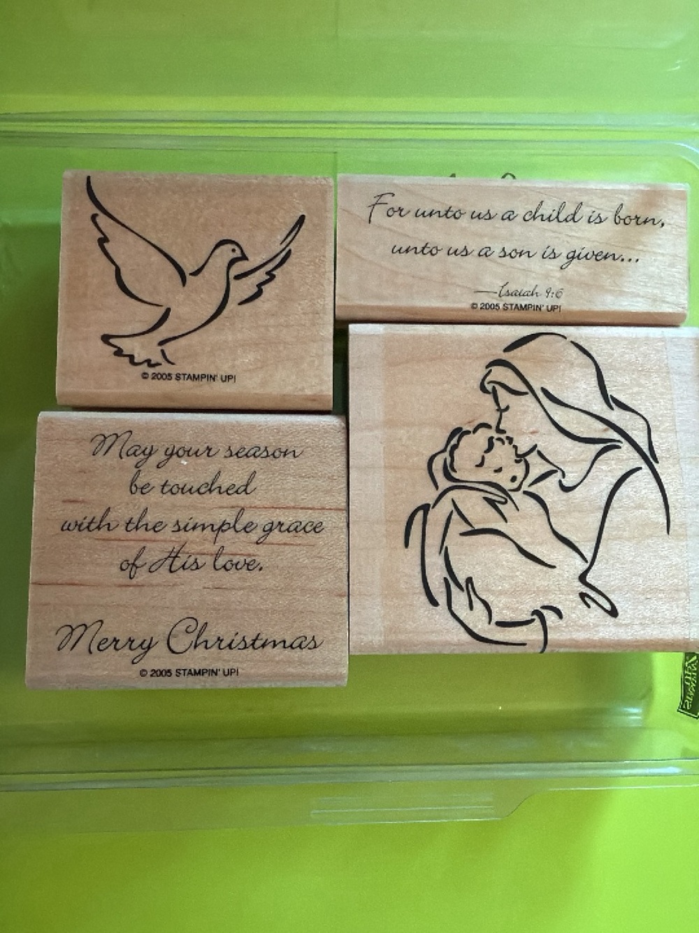 Stampin' Up! Wood Christmas Stamp Set - Black Line Art on Natural Wood